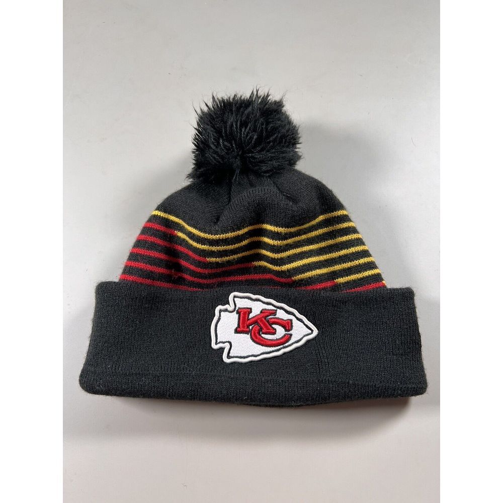New Era Kansas City Chiefs Beanie Hat Black Red Gold Striped Pom Cuffed Knit